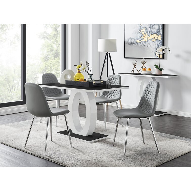 Scottsmoor Modern High Gloss Halo 4 Seater Dining Table Set with Luxury Faux Leather Dining Chairs